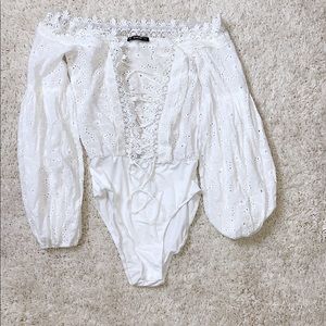 Lace Trim Plunge Neck Eyelet Embroidered Bodysuit